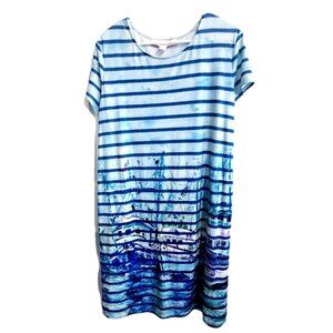 Leoma Lovegrove Women's L Cap Sleeve Striped A-Line Dress Ocean Ships Beach